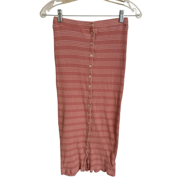 Free People Beach size Small Pink Ribbed Button Up Maxi Skirt Long Stretchy Knit - Picture 1 of 4